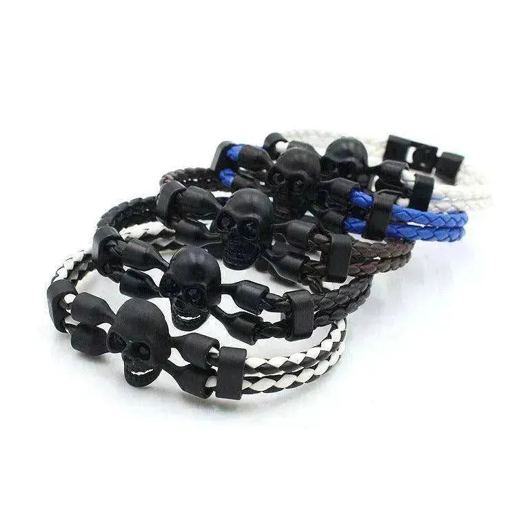 Bracelet pour hommes neutre et élégant avec crâne, boutons noirs et cuir - EX-STOCK CANADA