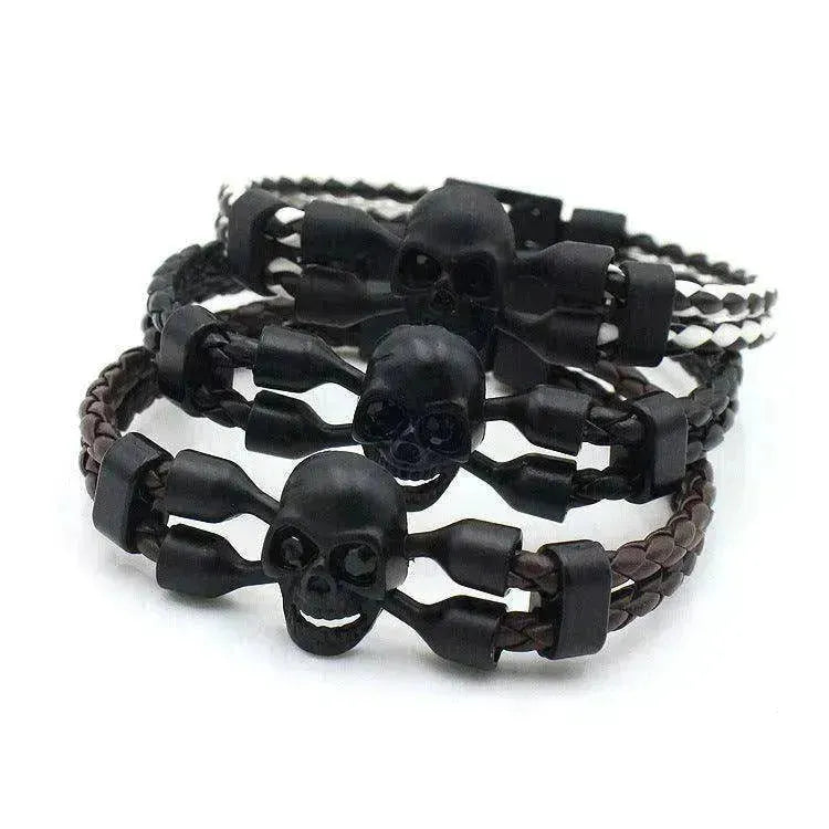 Bracelet pour hommes neutre et élégant avec crâne, boutons noirs et cuir - EX-STOCK CANADA