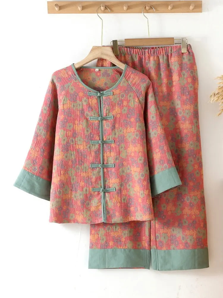 New Chinese Style Double Pure Cotton Gauze Pajamas For Women Spring Autumn Set - EX-STOCK Canada