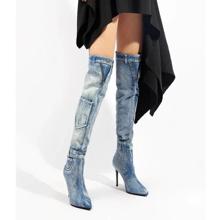 Nouvelles bottes d'équitation en denim au-dessus du genou, élégantes, à talon fin et hautEX-STOCK Canada