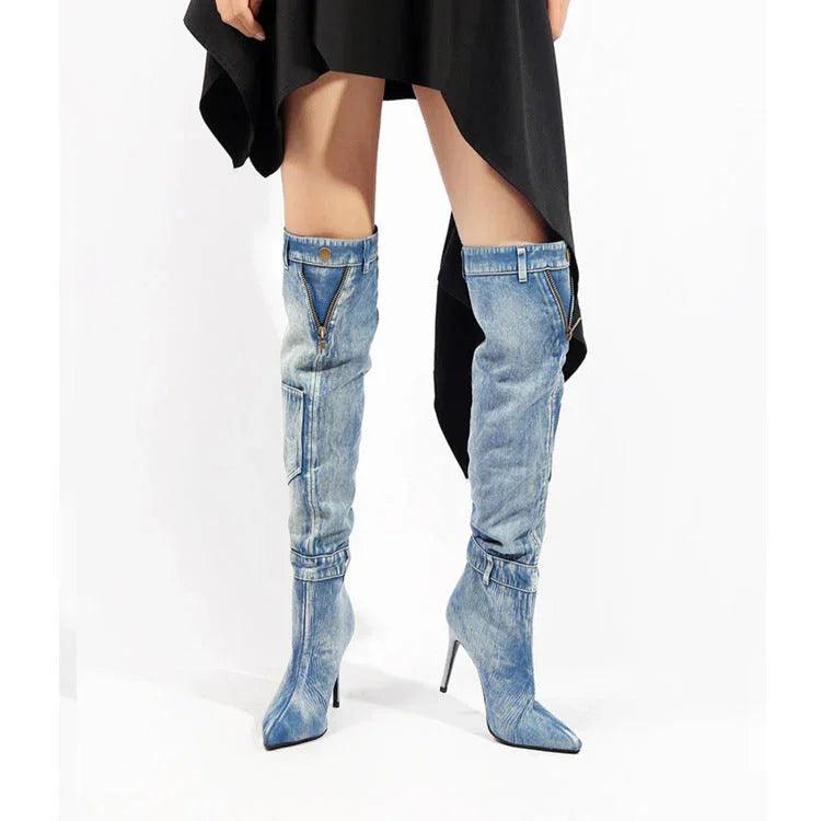 Nouvelles bottes d'équitation en denim au-dessus du genou, élégantes, à talon fin et hautEX-STOCK Canada