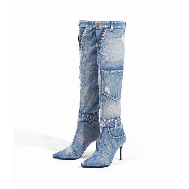 Nouvelles bottes d'équitation en denim au-dessus du genou, élégantes, à talon fin et hautEX-STOCK Canada