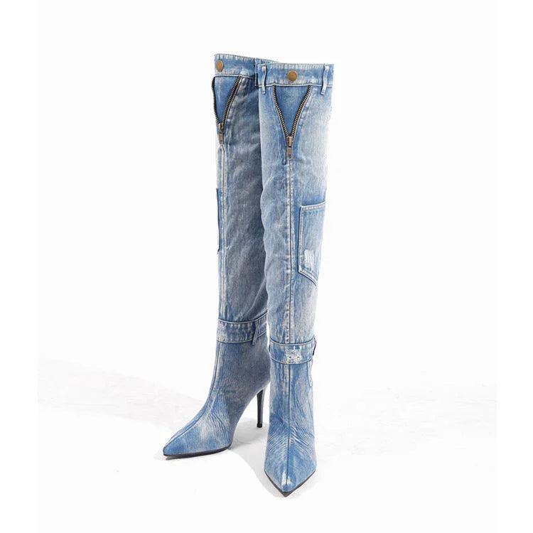 Nouvelles bottes d'équitation en denim au-dessus du genou, élégantes, à talon fin et hautEX-STOCK Canada