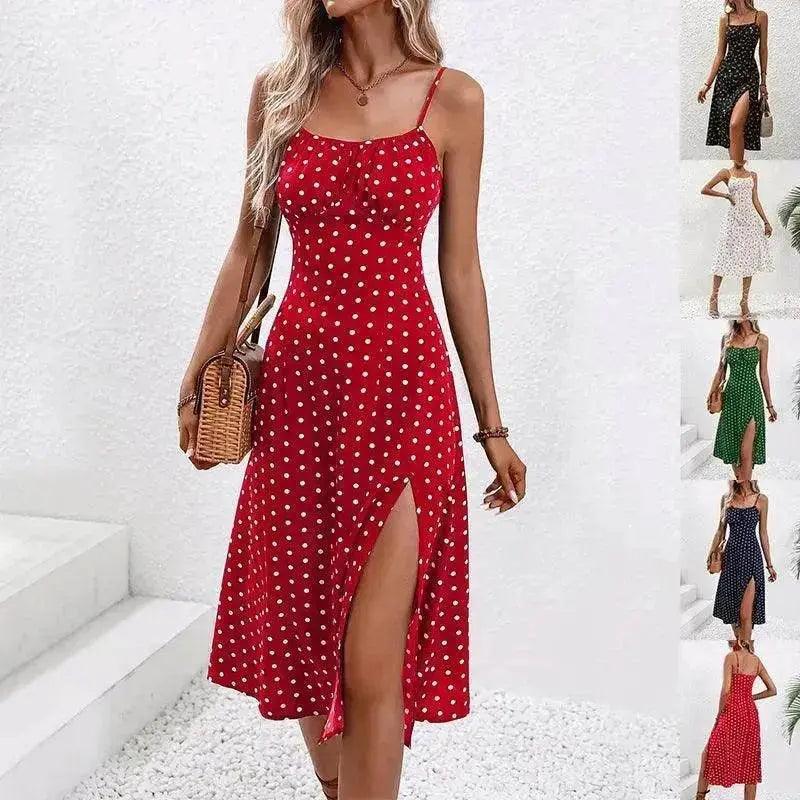 Nouvelle robe à bretelles à imprimé pois avec fente estivale charmante, robe longue pour femmes - EX-STOCK Canada