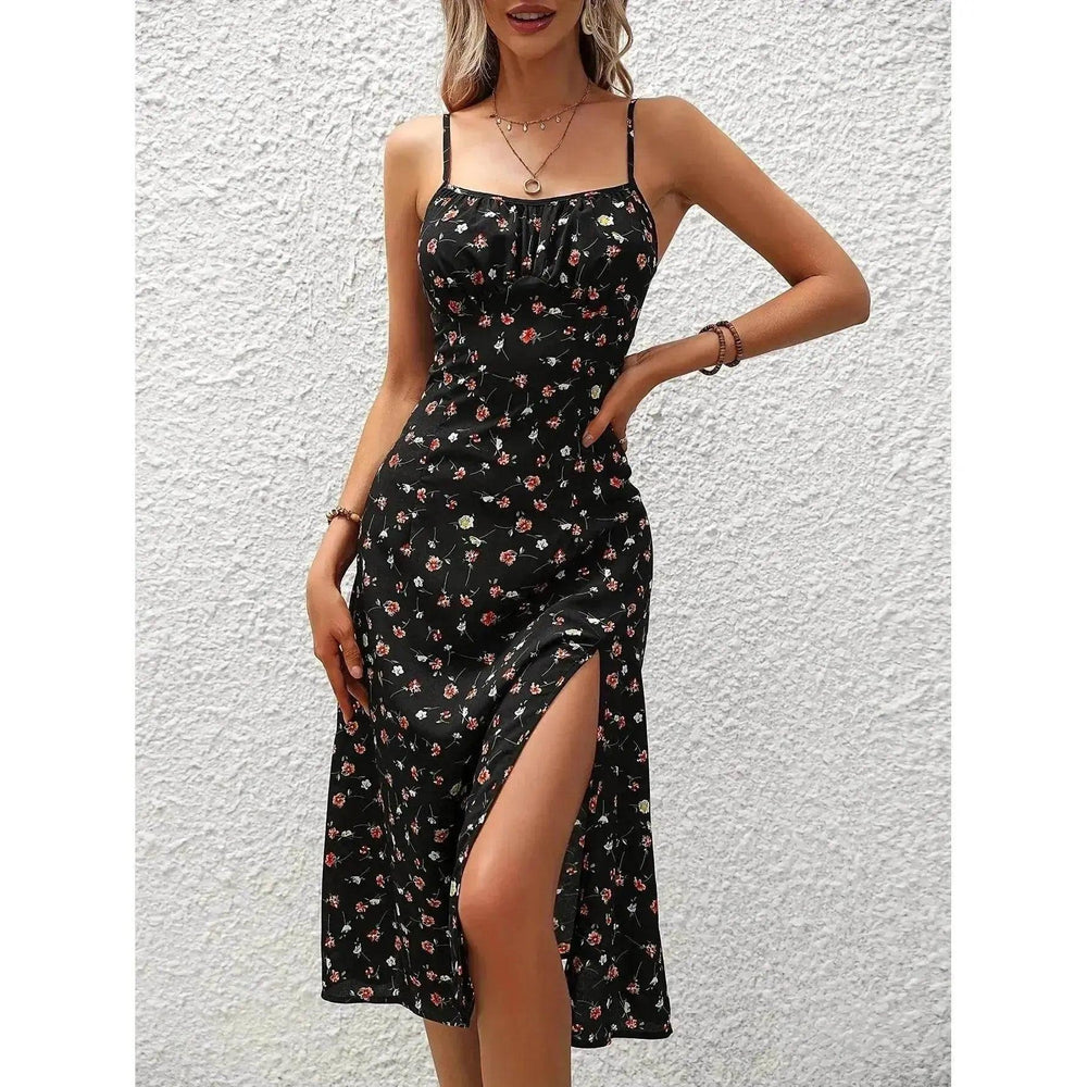 Nouvelle robe à bretelles à imprimé pois avec fente estivale charmante, robe longue pour femmes - EX-STOCK Canada