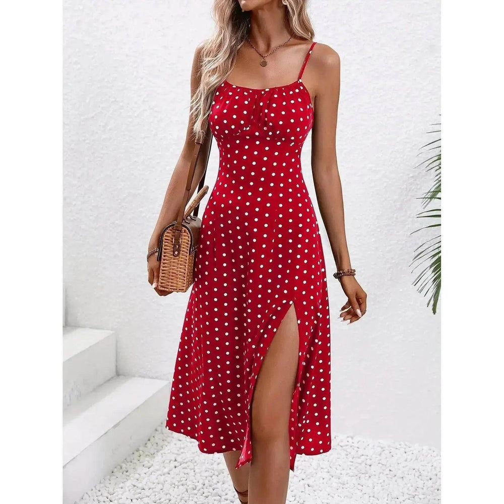 Nouvelle robe à bretelles à imprimé pois avec fente estivale charmante, robe longue pour femmes - EX-STOCK Canada