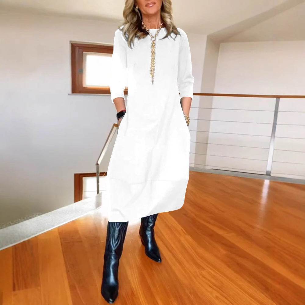 Autumn And Winter New All-matching Solid Color Loose Round-neck Long-sleeved Dress Women - EX-STOCK Canada