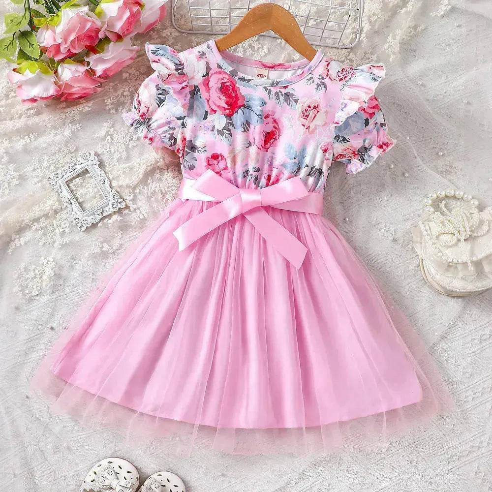 Girls Puff Sleeve Flower Printed Mesh Dress Baby girl dress gown - EX-STOCK Canada