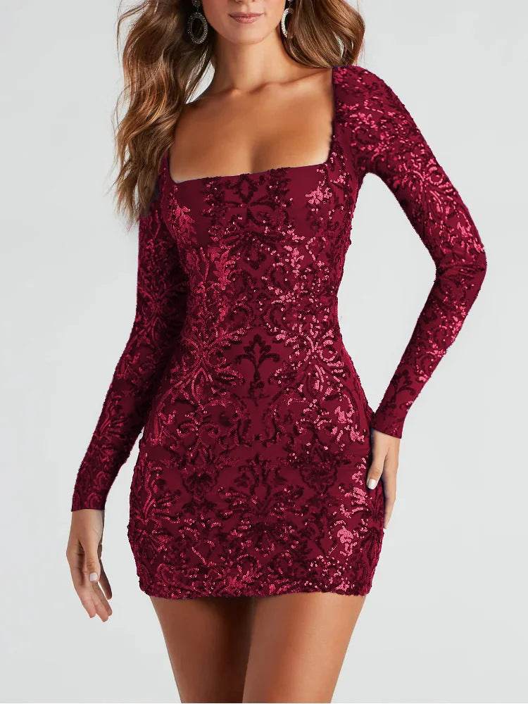 Sexy Backless Sequins Dress Fashion Slim Square Neck Long Sleeves Dresses Women Clothing - EX-STOCK Canada