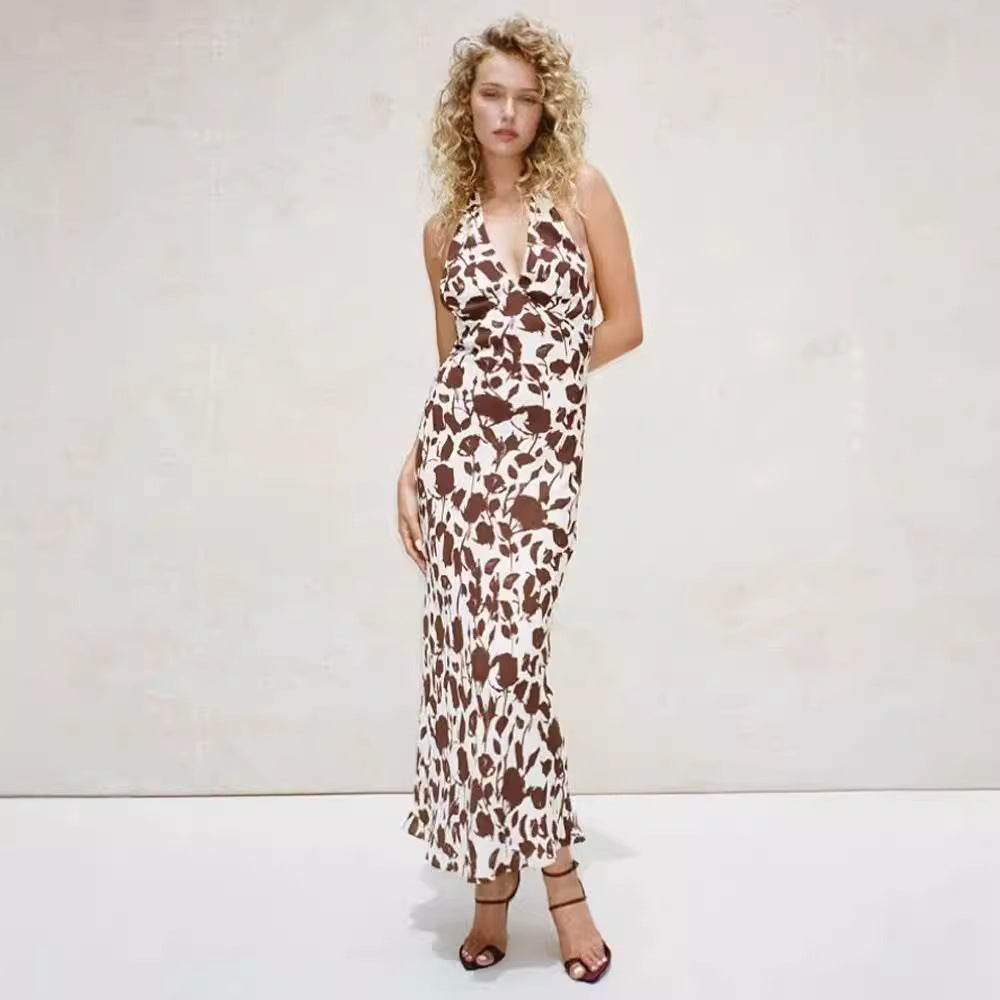 French Vest Printed Midi Floral Summer New Elegant Backless V-neck Halter Dress - EX-STOCK Canada