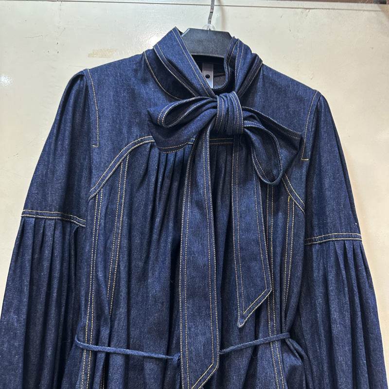 Women's Lace-up Bow Stand-up Collar Puff Sleeve Denim Dress - EX-STOCK Canada