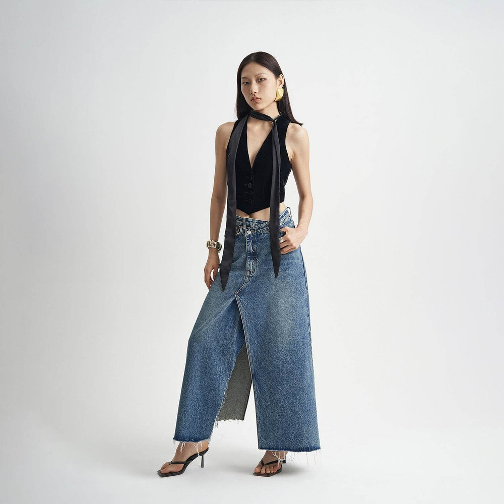 Washed Denim Front Split High-grade Jeans Skirt - EX-STOCK Canada
