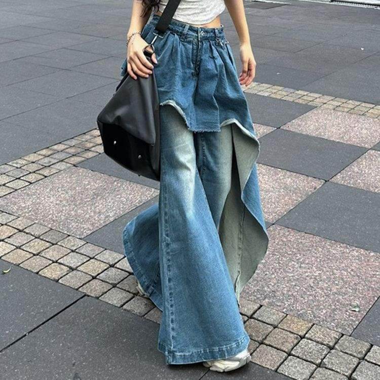 False two piece Denim Skirt High waist Fake 2 piece Skirt jeans pant - EX-STOCK Canada
