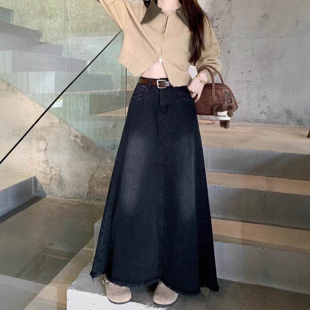 Spring And Autumn Women's Retro Washed Frayed Edges High Waist maxi Denim Skirt - EX-STOCK Canada