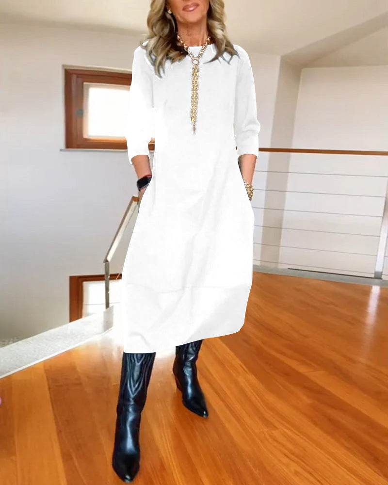Autumn And Winter New All-matching Solid Color Loose Round-neck Long-sleeved Dress Women - EX-STOCK Canada