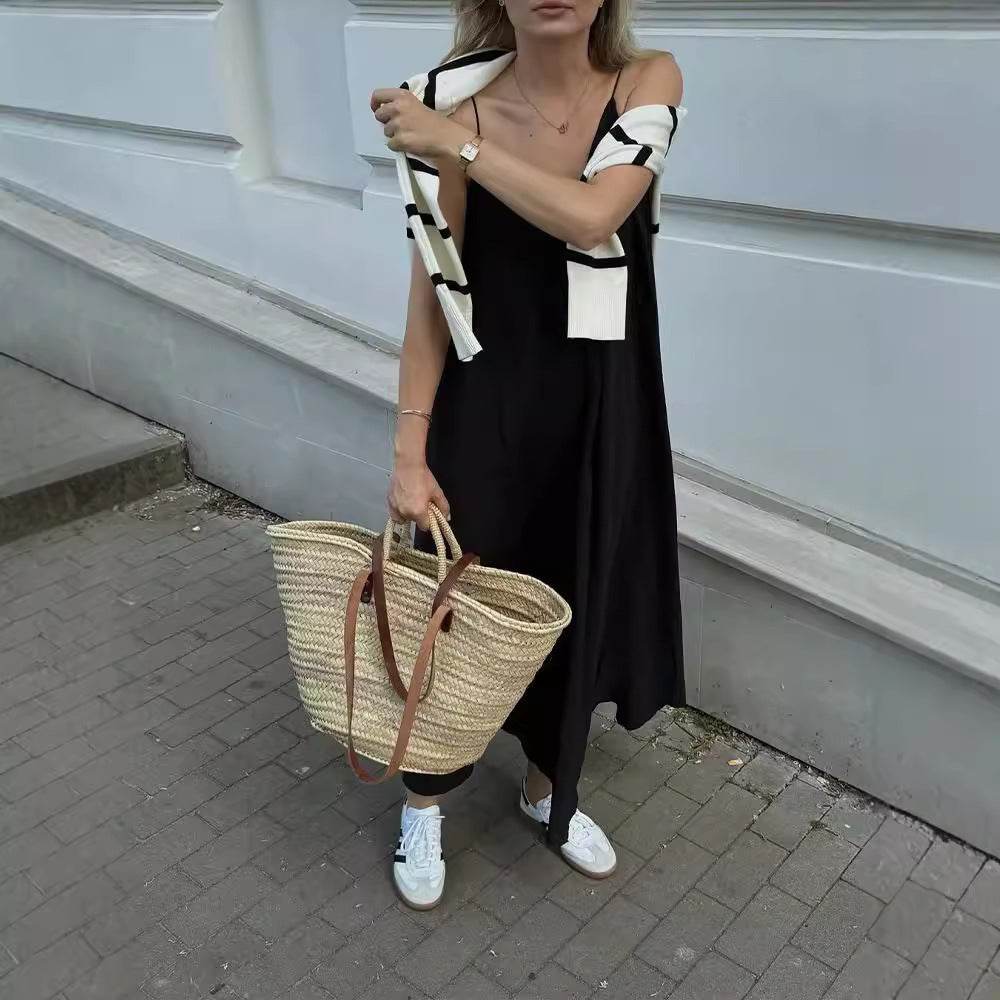 Elegant Women’s Summer Maxi Dress Casual Spaghetti Straps Solid V-Neck Cami Backless Dresses - EX-STOCK Canada
