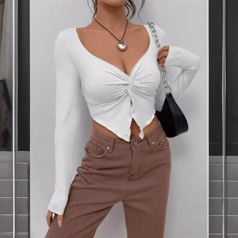 Slim fit top Front Twist Irregular Long Sleeve V-neck tank top For Women - EX-STOCK Canada