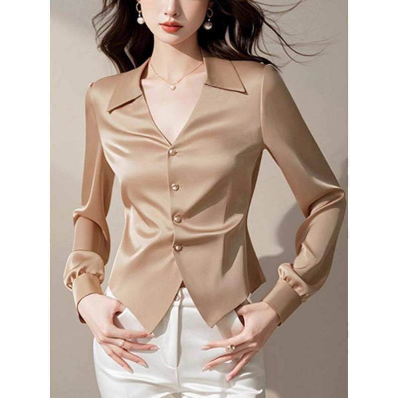 V-neck Long Sleeve Waist Trimming Shirt Women - EX-STOCK Canada