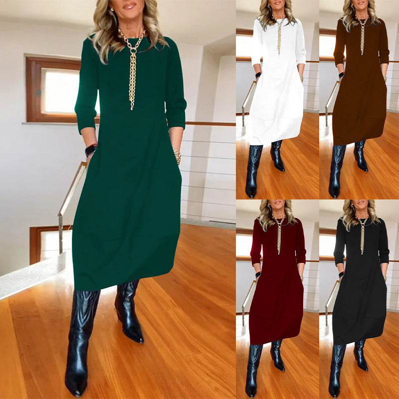 Autumn And Winter New All-matching Solid Color Loose Round-neck Long-sleeved Dress Women - EX-STOCK Canada