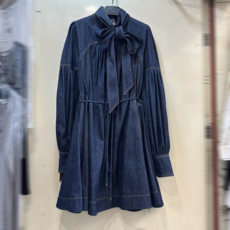 Women's Lace-up Bow Stand-up Collar Puff Sleeve Denim Dress - EX-STOCK Canada