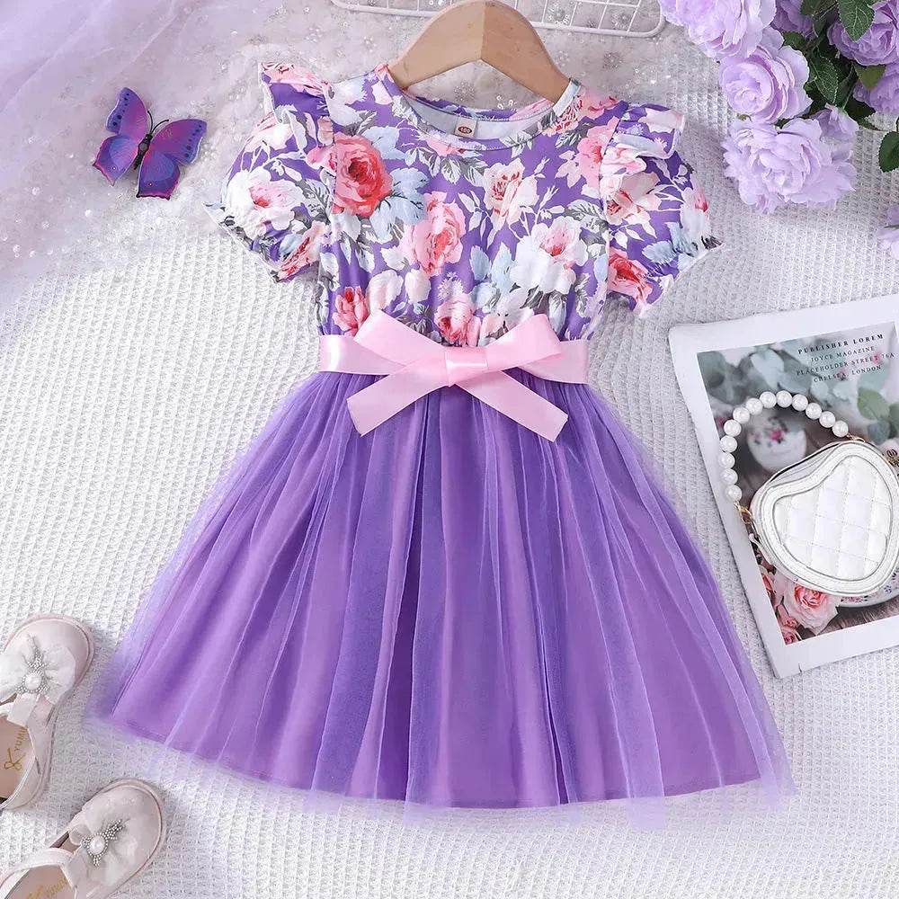 Girls Puff Sleeve Flower Printed Mesh Dress Baby girl dress gown - EX-STOCK Canada