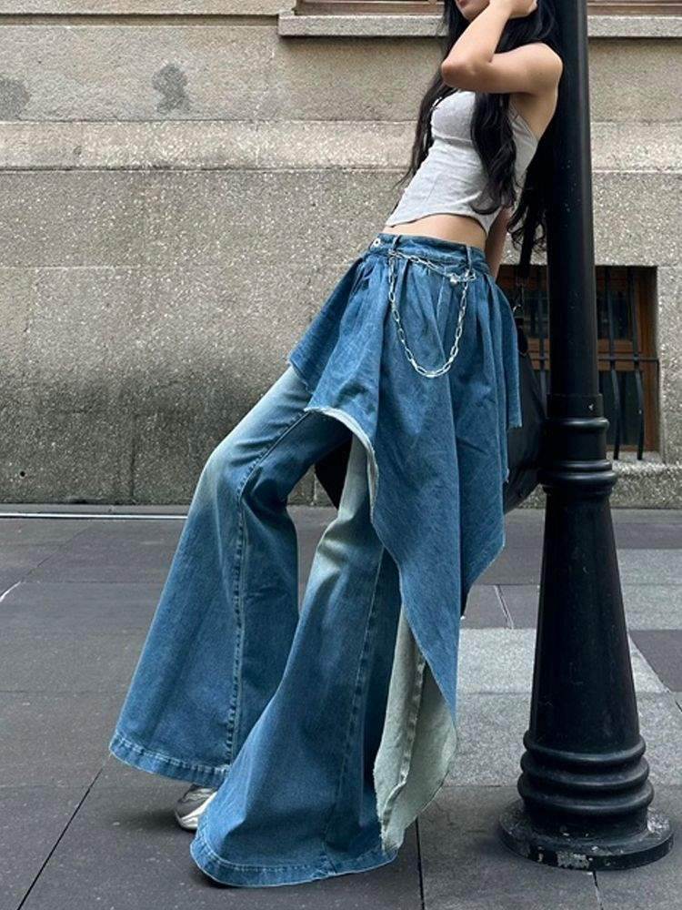 False two piece Denim Skirt High waist Fake 2 piece Skirt jeans pant - EX-STOCK Canada