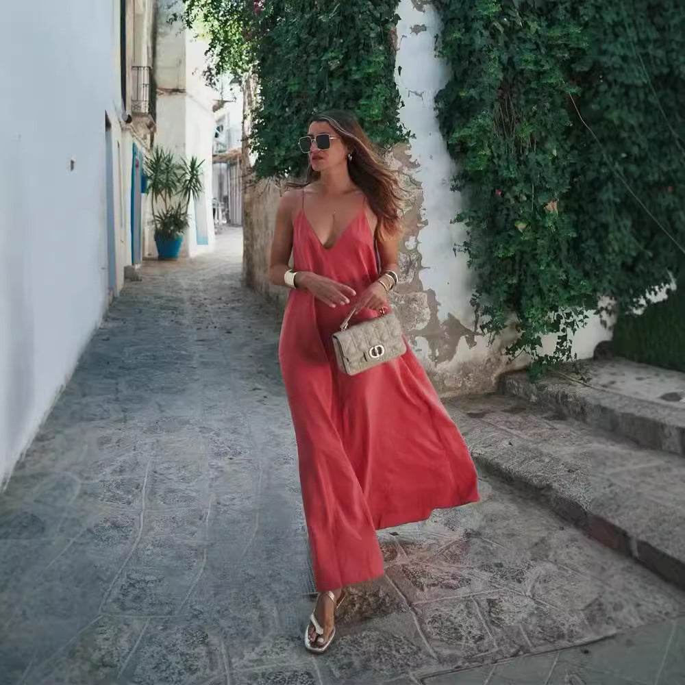 Elegant Women’s Summer Maxi Dress Casual Spaghetti Straps Solid V-Neck Cami Backless Dresses - EX-STOCK Canada
