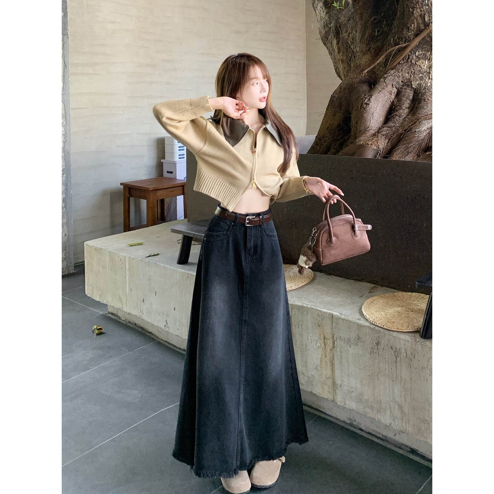 Spring And Autumn Women's Retro Washed Frayed Edges High Waist maxi Denim Skirt - EX-STOCK Canada