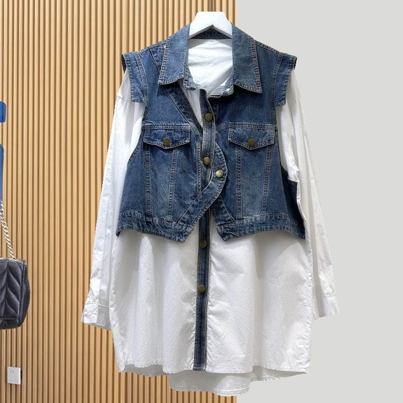 Spring and Autumn Loose Casual Denim Splicing Shirt Women's Mid-Length Fake Two-Piece Vest Jacket - EX-STOCK Canada