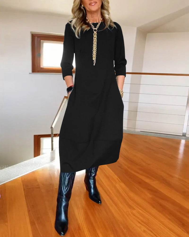 Autumn And Winter New All-matching Solid Color Loose Round-neck Long-sleeved Dress Women - EX-STOCK Canada