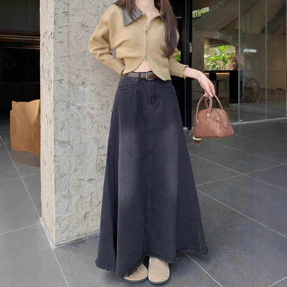 Spring And Autumn Women's Retro Washed Frayed Edges High Waist maxi Denim Skirt - EX-STOCK Canada