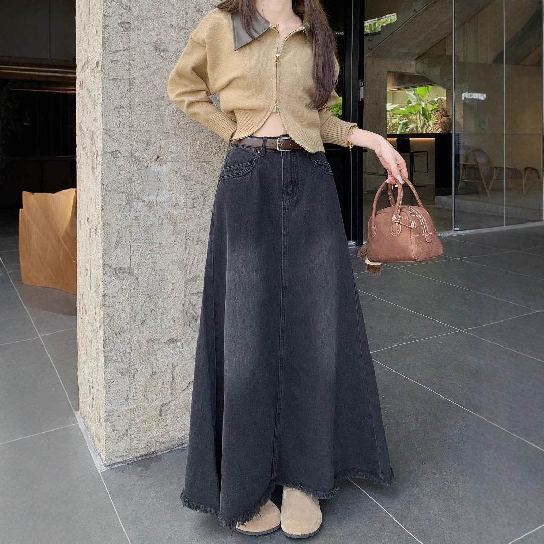 Spring And Autumn Women's Retro Washed Frayed Edges High Waist maxi Denim Skirt - EX-STOCK Canada