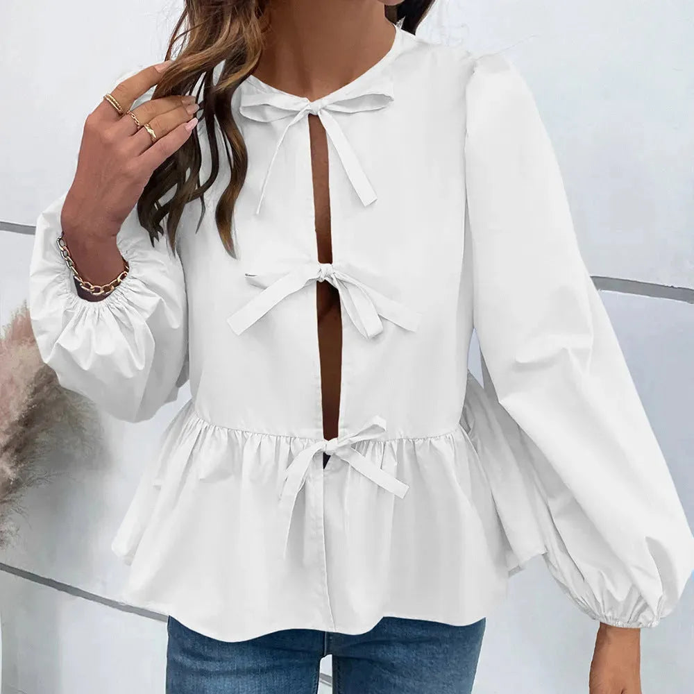 Casual Loose Lantern sleeve Buckle blouse Top For Women - EX-STOCK CANADA