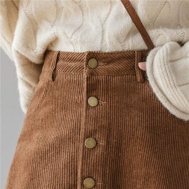 Retro Button A-line Fashion flared Corduroy Midi Skirt - EX-STOCK Canada