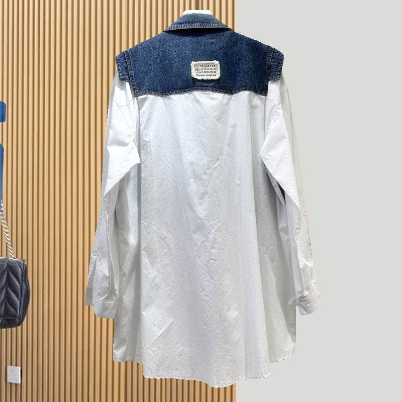 Spring and Autumn Loose Casual Denim Splicing Shirt Women's Mid-Length Fake Two-Piece Vest Jacket - EX-STOCK Canada