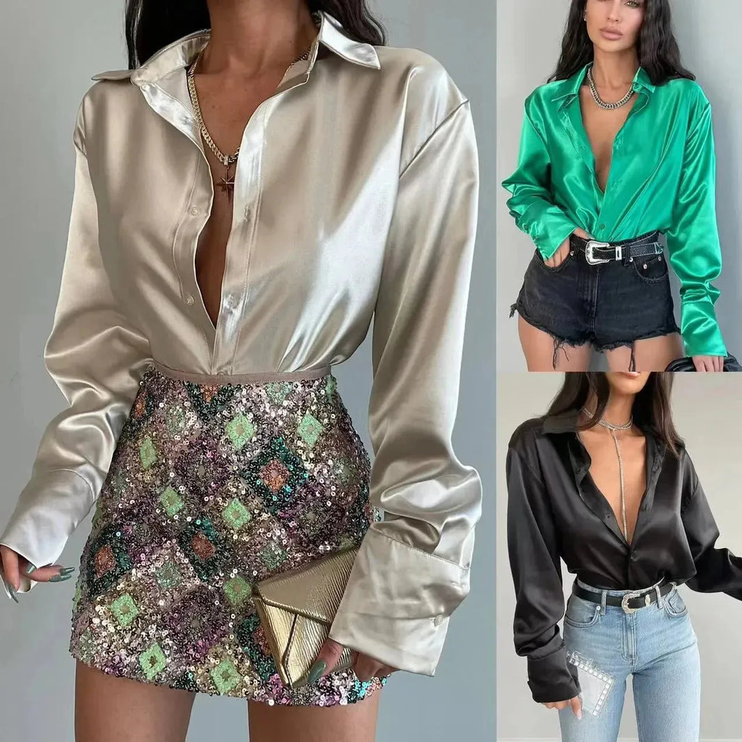 Single-breasted Long Sleeve Lapel Satin Blouse Shirt for work business office - EX-STOCK CANADA