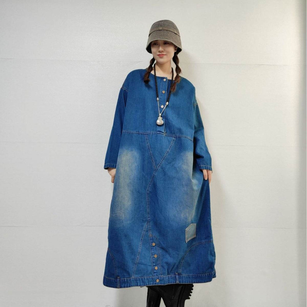 Loose-fitting Casual Round-neck Long-sleeved Oversized Long Denim Dress - EX-STOCK Canada