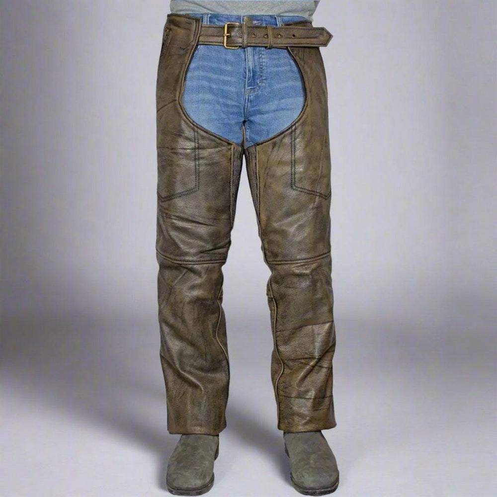 Open Road Men's Distressed Brown 4 Pocket Premium Leather Chaps EX-STOCK Canada