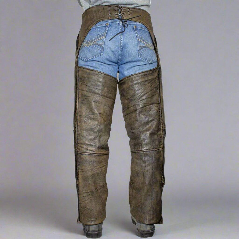 Open Road Men's Distressed Brown 4 Pocket Premium Leather Chaps EX-STOCK Canada
