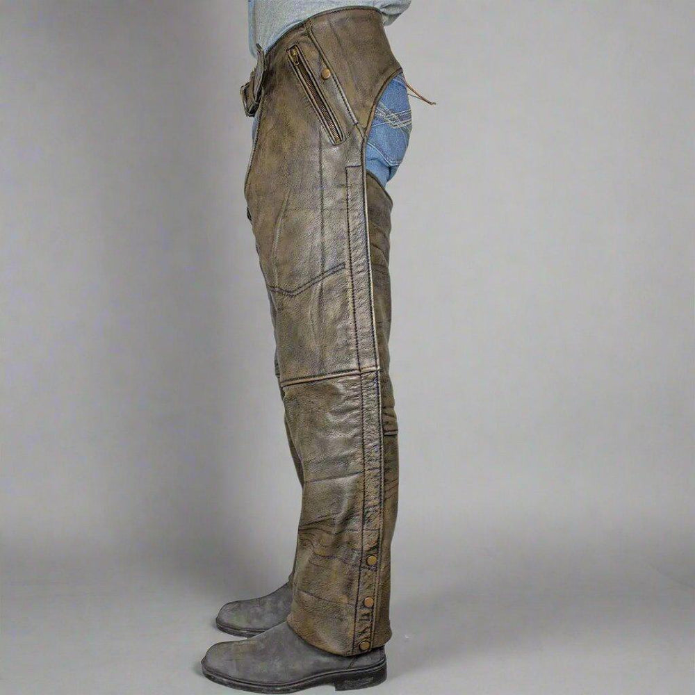 Open Road Men's Distressed Brown 4 Pocket Premium Leather Chaps EX-STOCK Canada