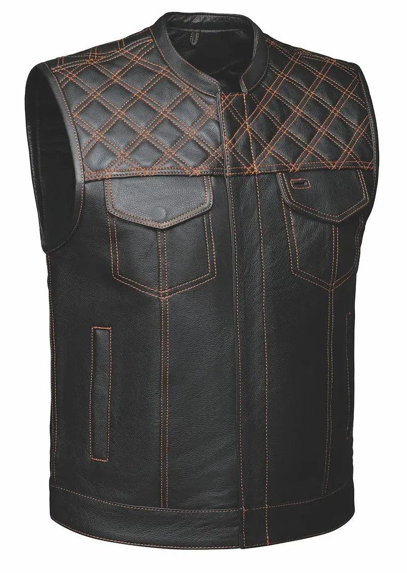 Open Road Men's Upside Leather with Orange Stitched Diamonds Vest EX-STOCK Canada