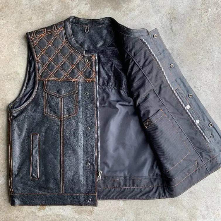 Open Road Men's Upside Leather with Orange Stitched Diamonds Vest EX-STOCK Canada