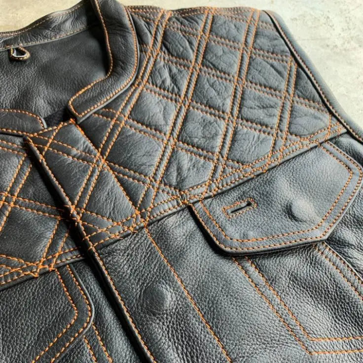 Open Road Men's Upside Leather with Orange Stitched Diamonds Vest EX-STOCK Canada