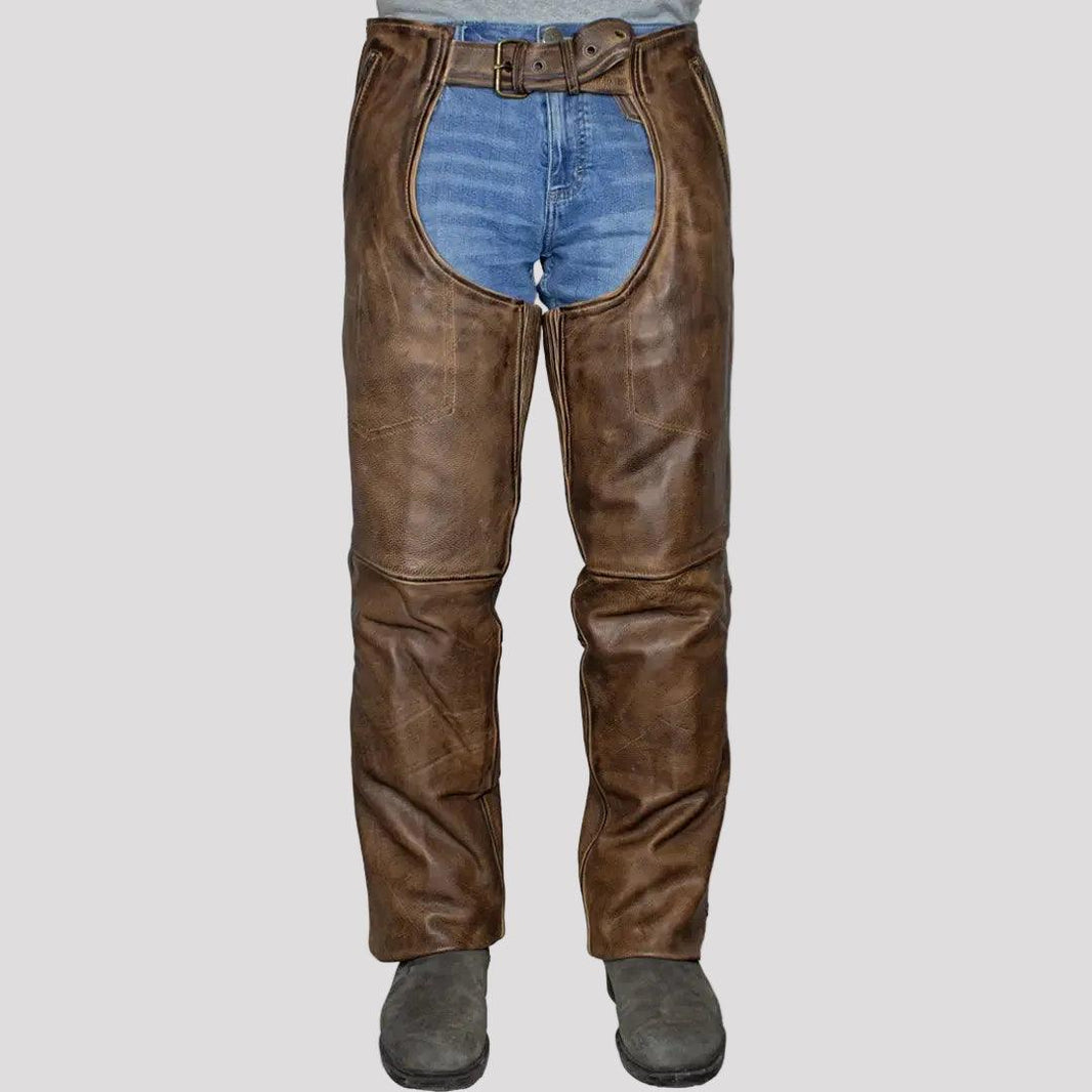Open Road Men's Vintage Brown 4 Pocket Premium Leather Chaps