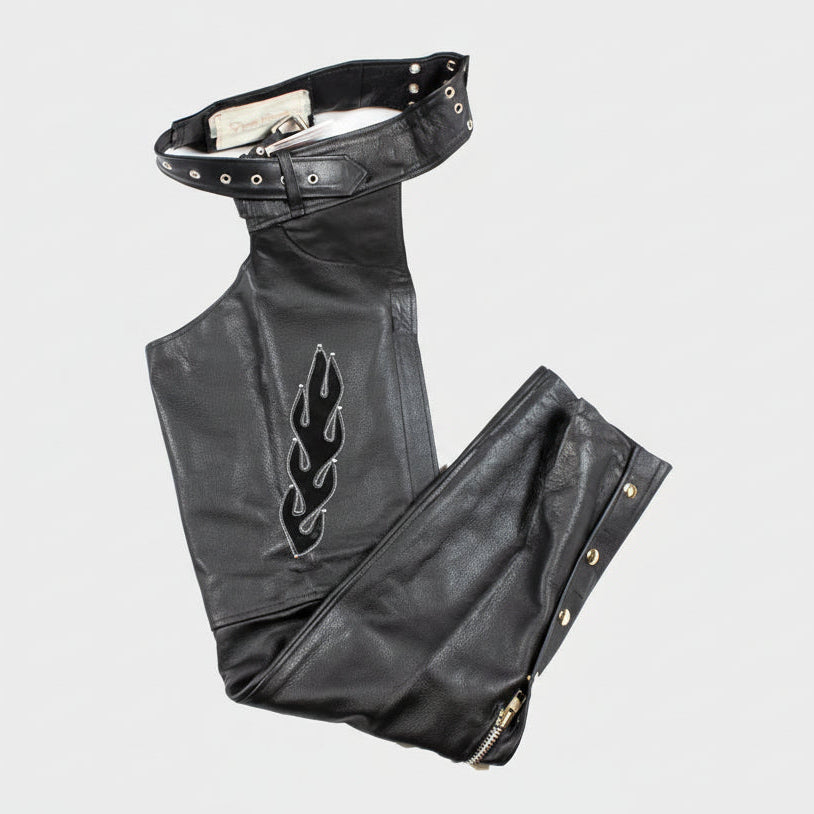 Chaps en cuir premium à incrustation de flammes pour femmes Open Road