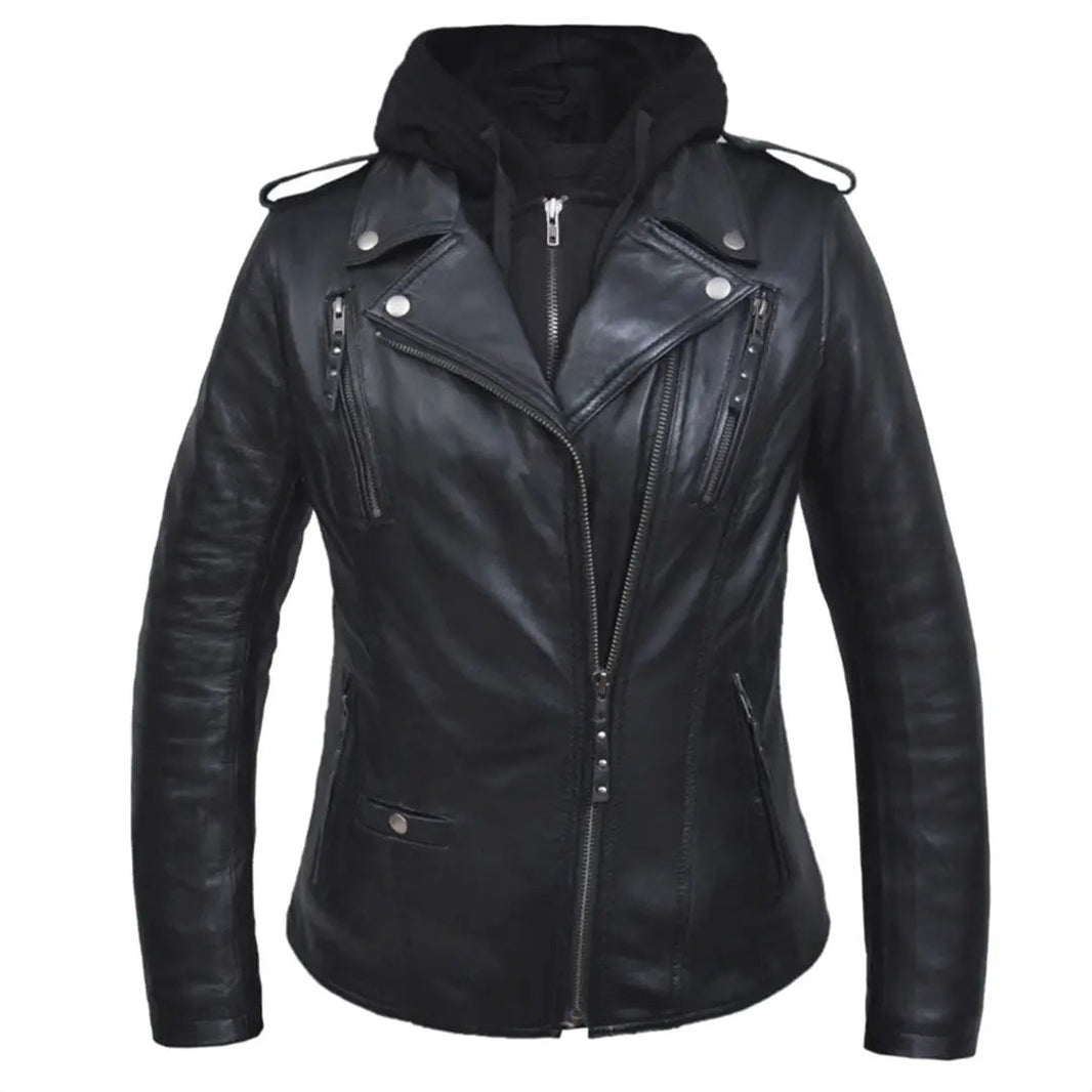 Open Road Women's Hooded Classic Leather Motorcycle Jacket EX-STOCK Canada