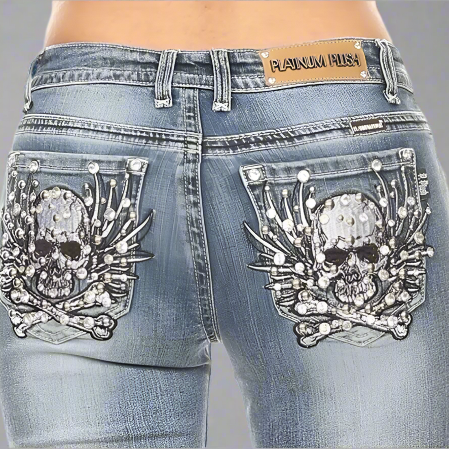 Jeans acampanados para mujer Platinum Plush con calavera y huesos de piedras brillantesEX-STOCK Canada