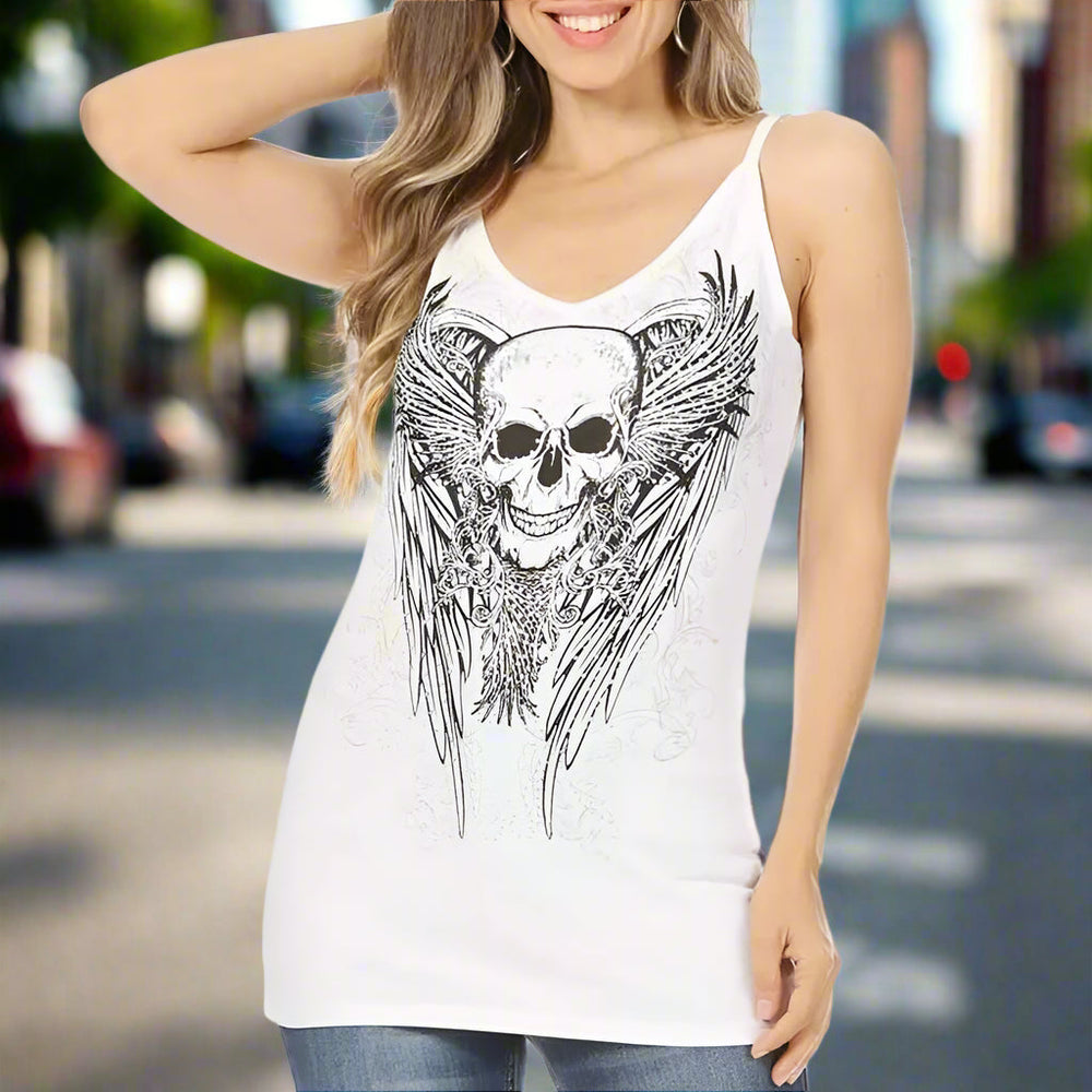 Women's Rhinestone Skull & Wings Tank Top EX-STOCK Canada