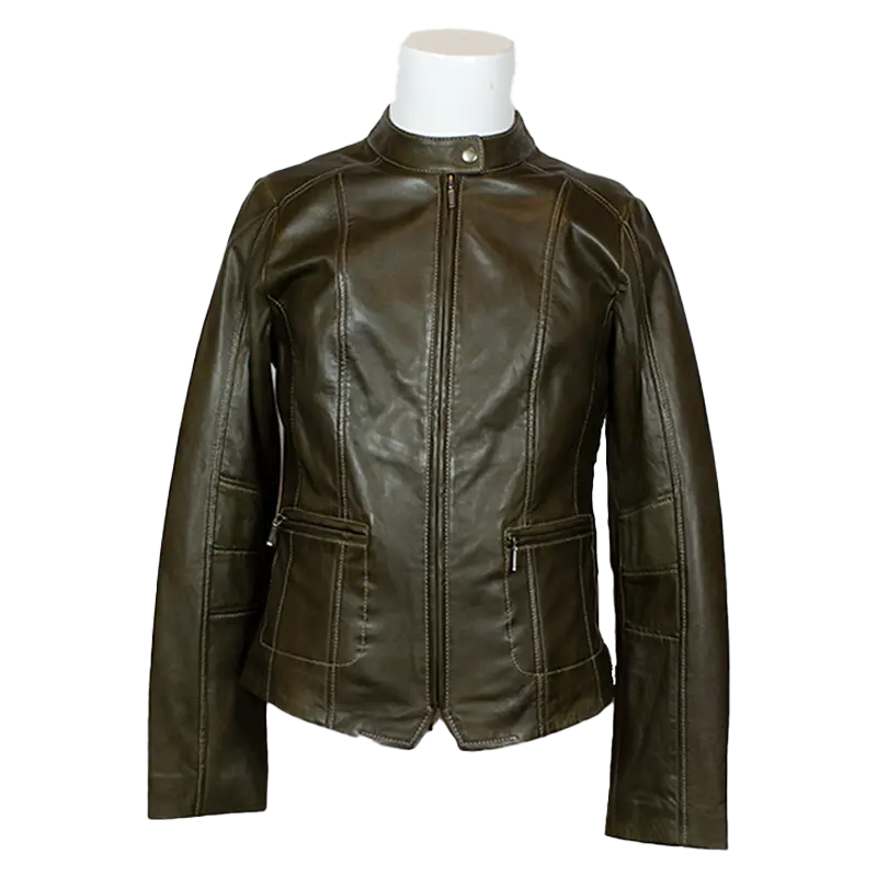 Chaqueta de cuero de cordero para mujer con cuello a presión de Plonge LeathersEX-STOCK Canada