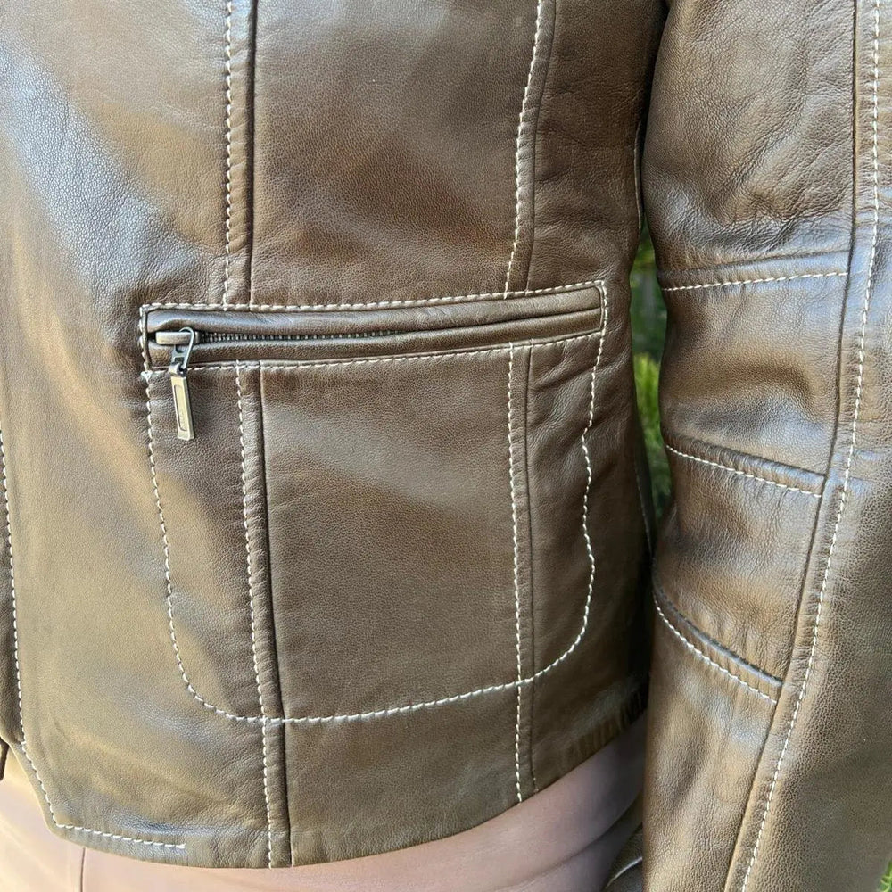 Chaqueta de cuero de cordero para mujer con cuello a presión de Plonge LeathersEX-STOCK Canada